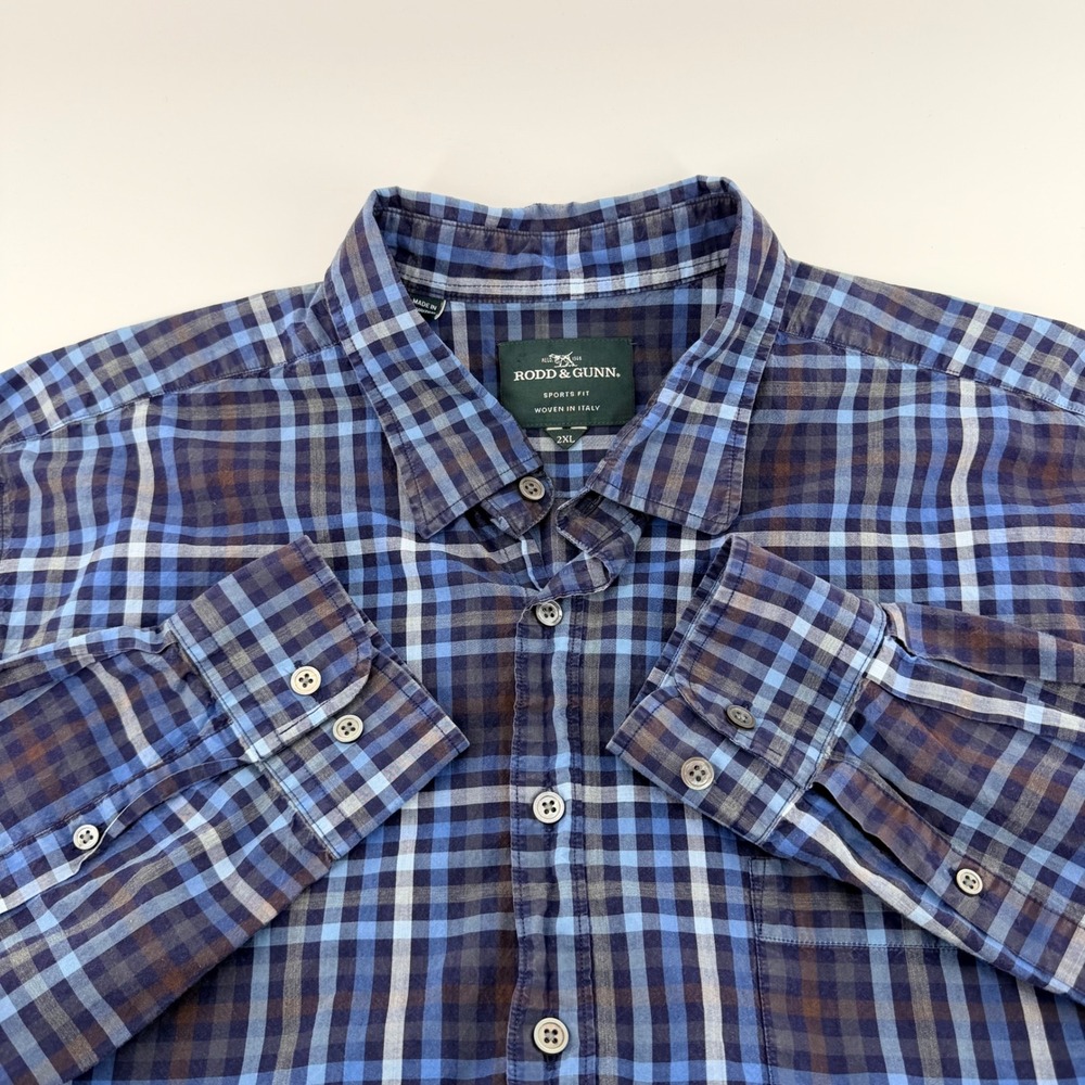 Rodd & Gunn Sports Fit Plaid Button Down Shirt Albini Italian Cotton 2XL Blue